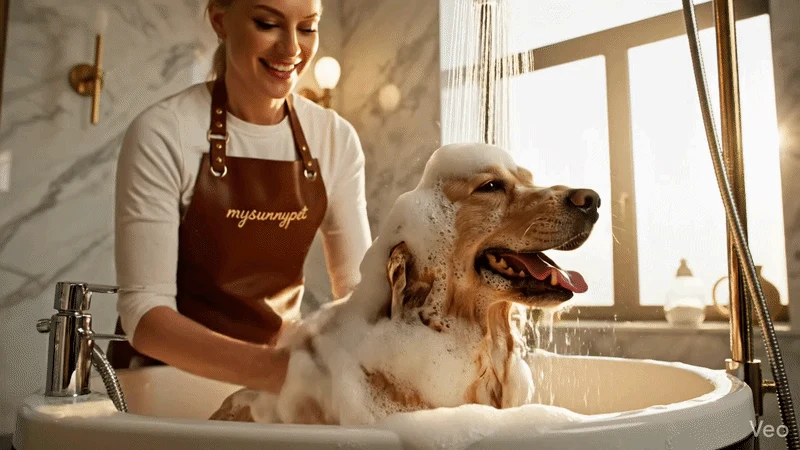 Groomer smiling while bathing a golden retriever in a bubble bath